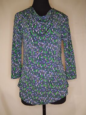 Liz Claiborne Navy, Green & White Geometric Cowl Neck Top